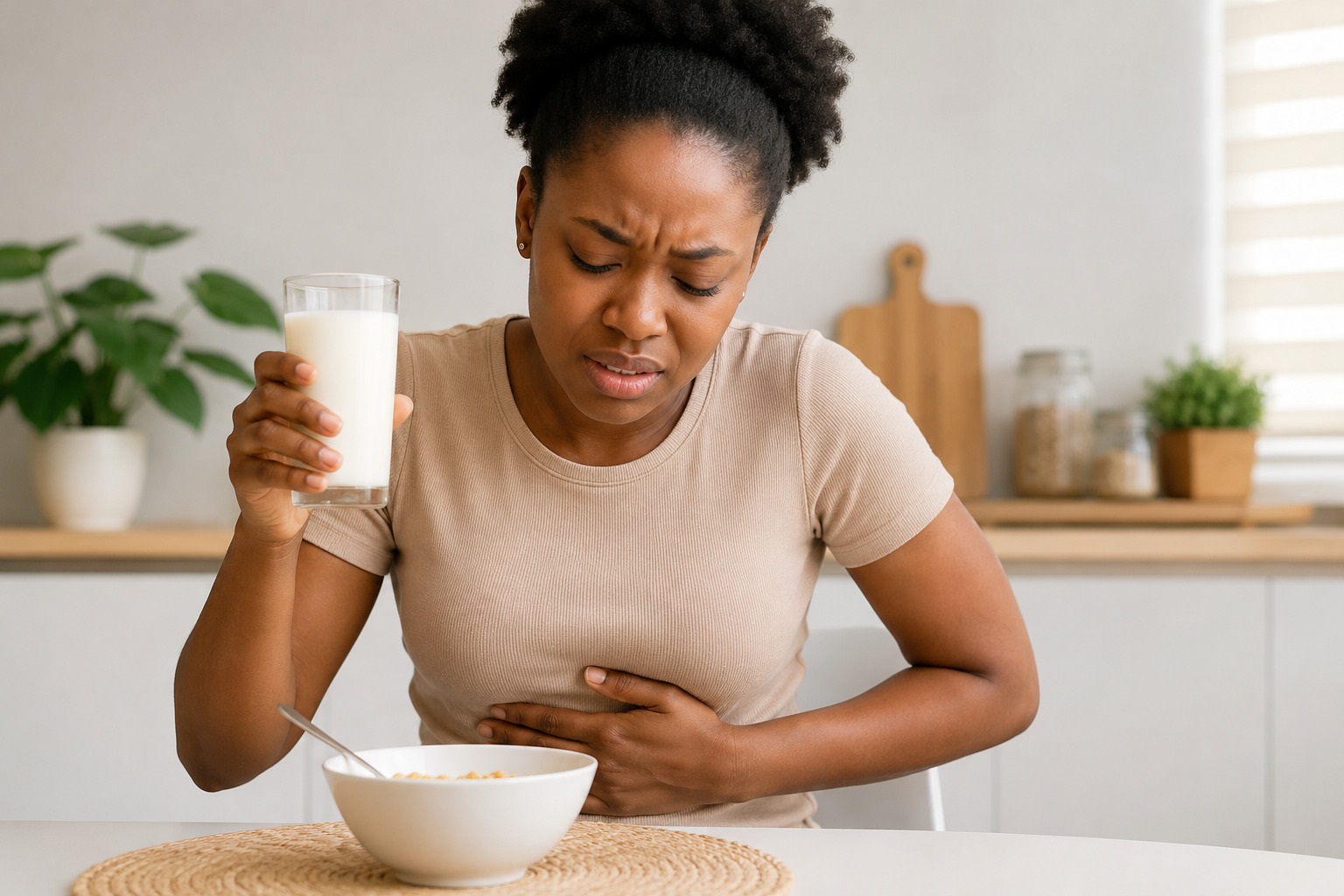 A young Nigerian woman with lactose intolerance symptoms after drinking milk.