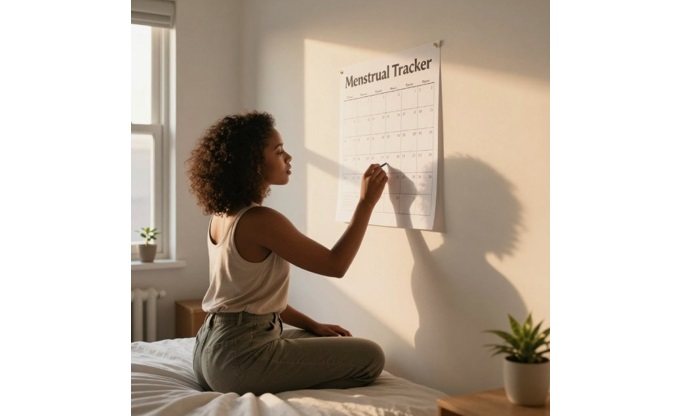 A African woman sitting on her while working on a wall-pasted Menstrual Tracker.