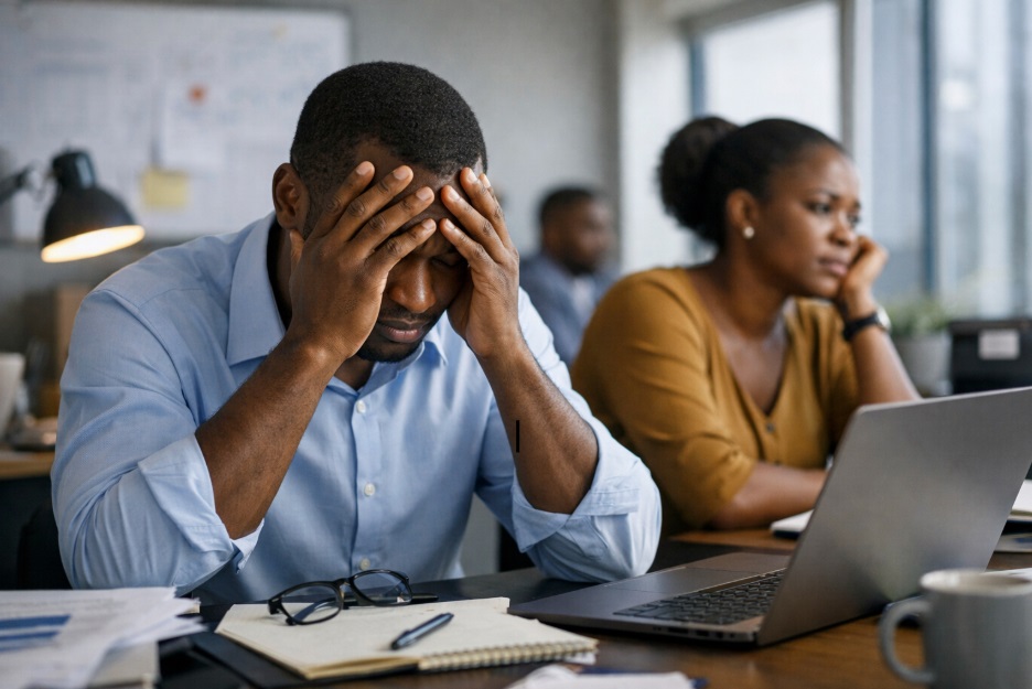 Image of male and female professional African employees sitting at a workplace table and looking stressed out.