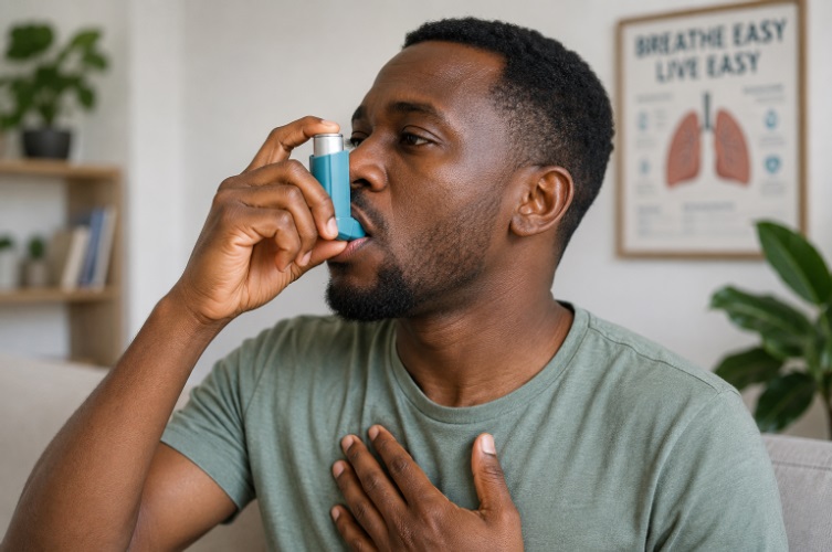 Close-up of an African man using an inhaler indoor