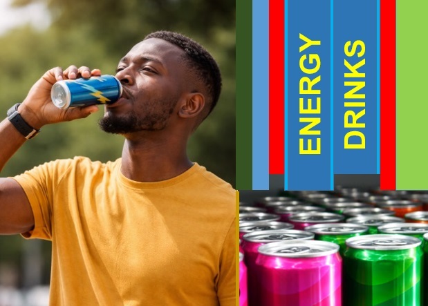 A young Afroican man takimh energy drink from a can