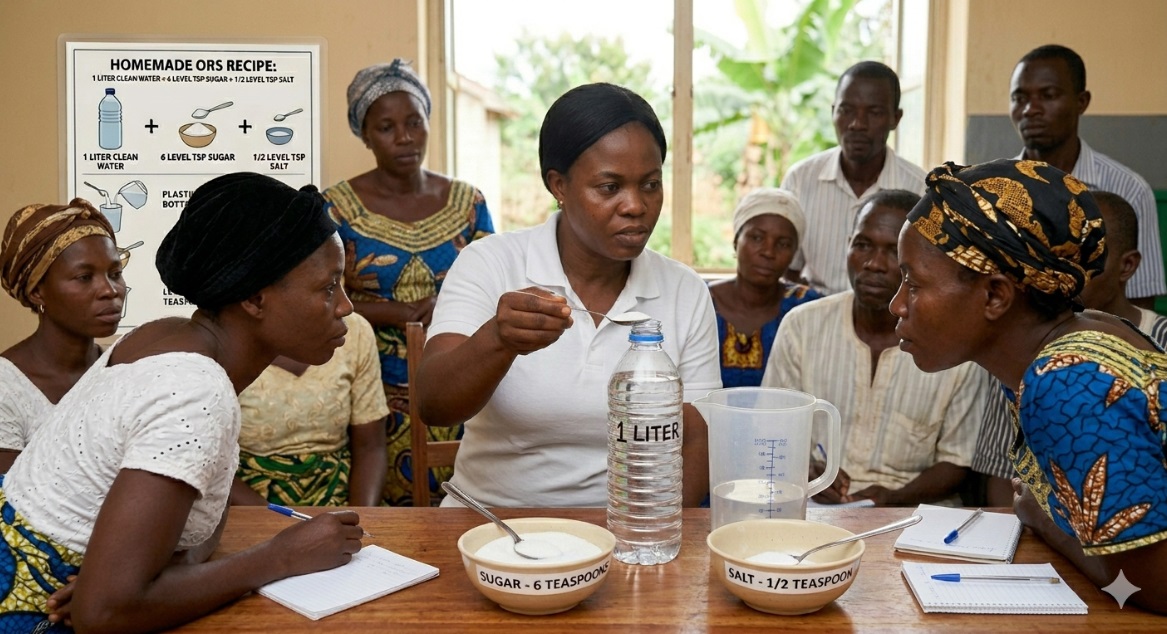 AI-generated image of a community health worker teaching a group of villagers how to prepare ORS safely at home.