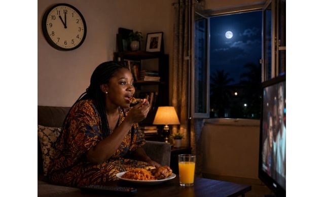 An African woman sitting watching TV awhile eating late at night